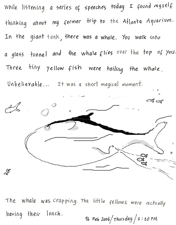 While listening a series of speeches today I found myself thinking about my former trip to the Atlanta Aquarium. In the giant tank, there was a whale. You walk into a glass tunnel and the whale flies over the top of you. Three tiny yellow fish were tailing the whale. Unbelievable... It was a short magical moment. The whale was crapping. The little fellows were actually having their lunch.