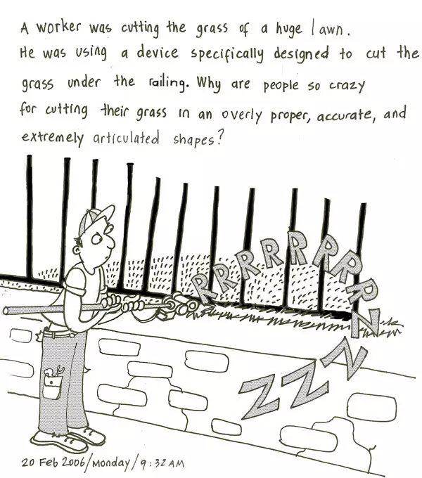 A worker was cutting grass of a huge lawn. He was using a device specifically designed to cut the grass under the railing. Why are people so crazy for cutting their grass in an overly proper, accurate, and extremely articulated shapes? 