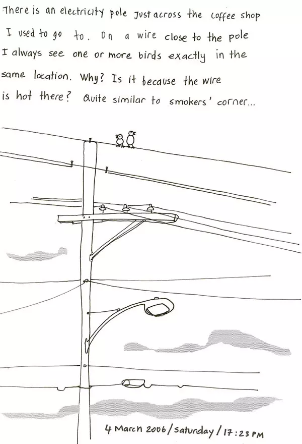 There is an electricity pole just across the coffee shop I used to go to. On a wire close to the pole I always see one or more birds exactly in the same location. Why? Is it because the wire is hot there? Quite similar to smokers' corner...