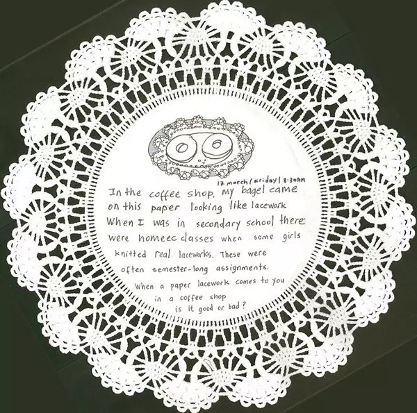 In the coffee shop, my bagel came on this paper looking lacework. When I was in secondary school there was a homeec classes when some girls knitted real laceworks. There were often semester-long assignments. When a paper lacework comes to you in a coffee shop is it good or bad?
