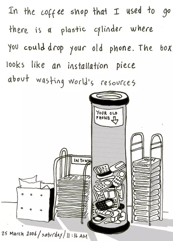 In the coffee shop that I used to go there is a plastic cylinder where you could drop your old phone. The box looks like an installation piece about wasting world's resources. 