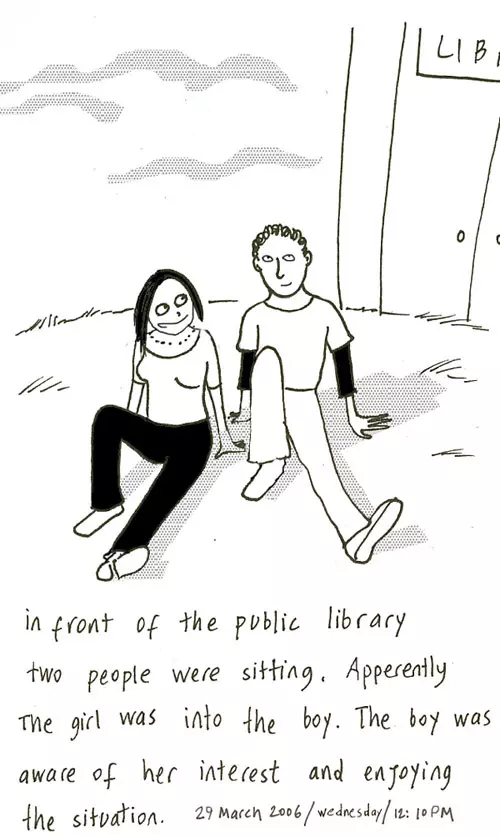 In front of the public library two people were sitting. Apparently the girl was into the boy. The boy was aware of her interest and enjoying the situation.