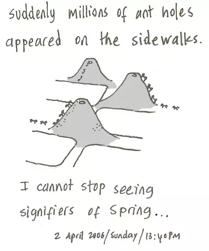 Suddenly millions of ant holes appeared on the sidewalks. I cannot stop signifiers of Spring...