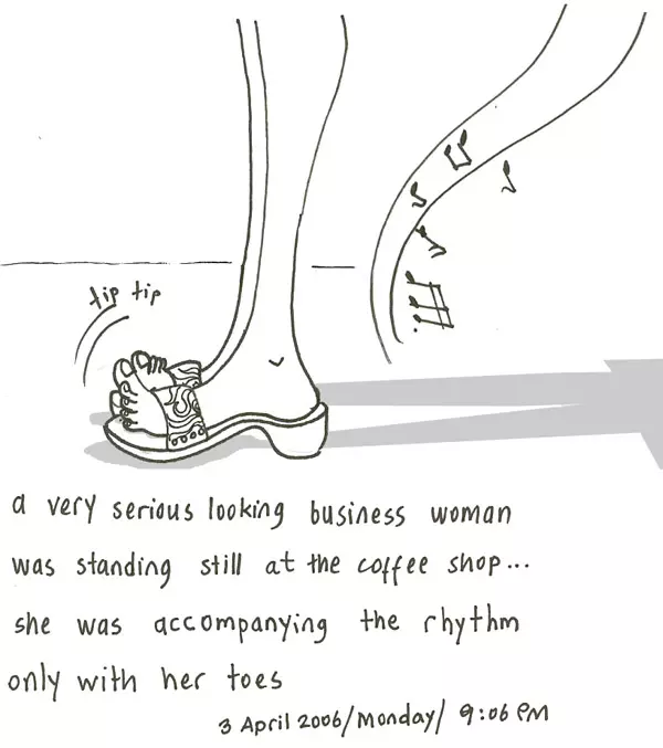a very serious looking business woman was standing still at the coffee shop... she was accompanying the rhythm only with her toes.