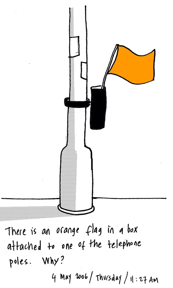 There is an orange flag in a box attached to one of the telephone poles. Why?