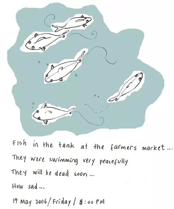 Fish in the tank at the farmers market... They were swimming very peacefully They will be dead soon... How sad...