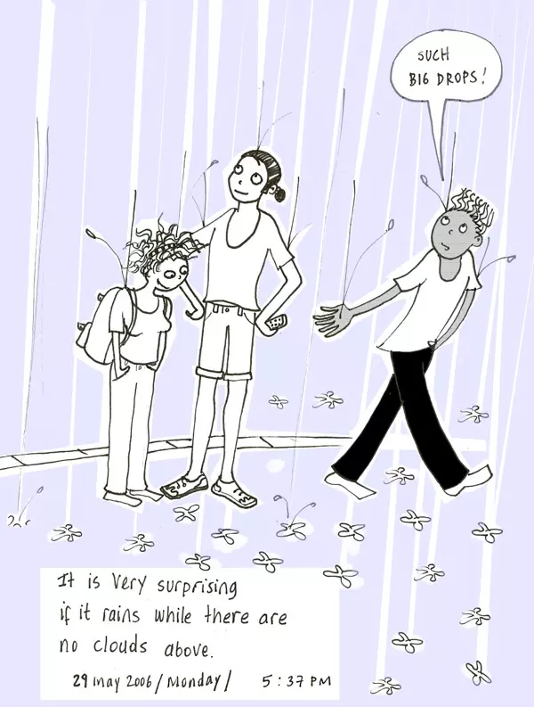 "Such big drops!" It is very surprising if it rains while there are no clouds above. 