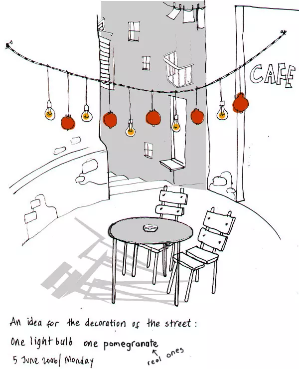 An idea for the decoration of the street: one lightbulb on pomegranate (real ones)