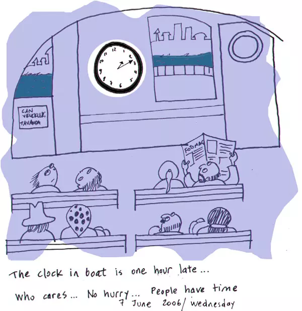 The clock in boat is one hour late... who cares... No hurry,,, People have time