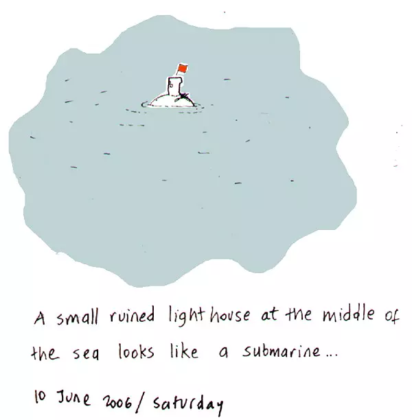 A small ruined lighthouse at the middle of the sea looks like a submarine...