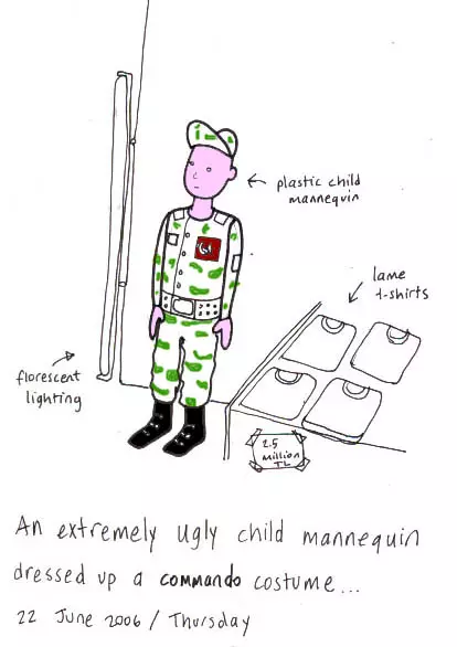 An extremely ugly child mannequin dressed up a commando costume...