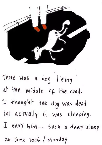 There was a dog lying at the middle of the road. I thought the dog was dead but actually it was sleeping. I envy him... such a deep sleep