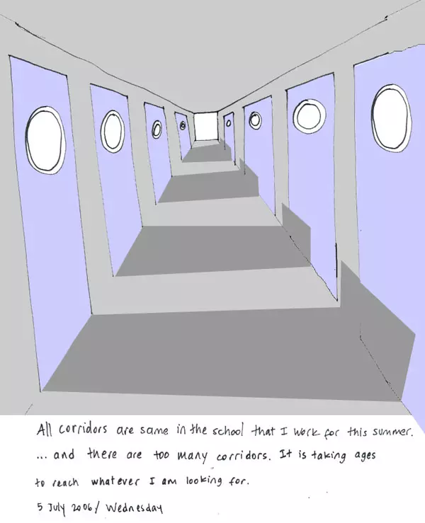 All corridors are same in the school that I work for this summer. ... and there are too many corridors. It is taking ages to reach whatever I am looking for.