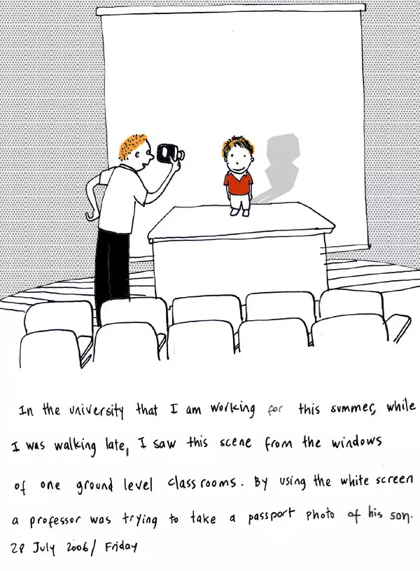 In the university that I am working for this summer, while I was walking late, I saw this scene from the windows of one of the grand level classrooms. By using the white screen a professor was trying to take a passport photo of his son.