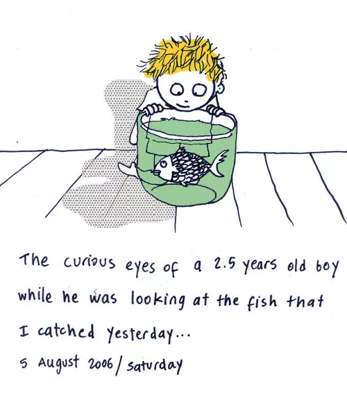 The curious eyes of a 2.5 years old boy while he was looking at the fish that I cached yesterday...