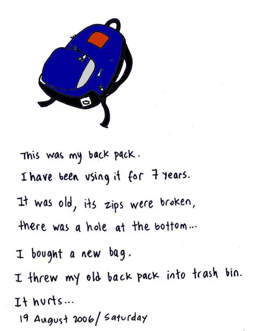 This was my back pack. I have been using it for 7 years. It was old, its zips were broken, there was a hole at the bottom... I bought a new bag. I threw my old back pack into trash bin. It hurts...