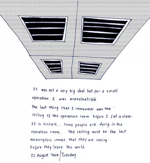 It was not a very big deal but for a small operation I was anaesthetized. The  last thing that I remember was the ceiling of the operation room before I fall asleep. It was bizarre... Some people are dying in the operation room. The ceiling must be the last meaningless image that they are seeing before they leave this world.