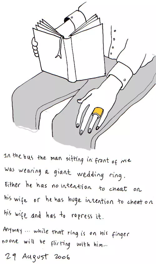 In the bus the man sitting in front of me was wearing a giant wedding ring. Either he has no intention to cheat on his wife or he has a huge intention to cheat on his wife and has to repress it. Anyway... while that ring is on his finger no one will be flirting with him...