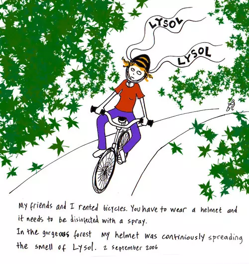 My friends and I rented bicycles. You have to wear a helmet and it needs to be disinfected with a spray. In the gorgeous forest my helmet was continuously spreading the smell of Lysol.