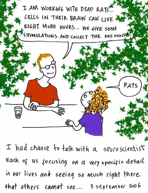 "I am working with dead rats... Cells in their brain can live eight more hours... We give some stimulations and collect the response" "Rats" I had chance to talk with a neuroscientist. Each of us focusing on a very specific detail in our lives and seeing so much right there that others cannot see...