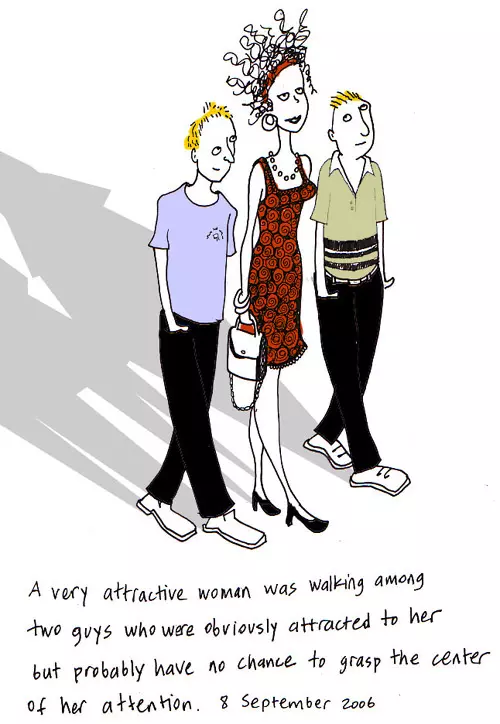 A very attractive woman was walking among two guys who were obviously attracted to her but probably have no chance to grasp the center of her attention. 