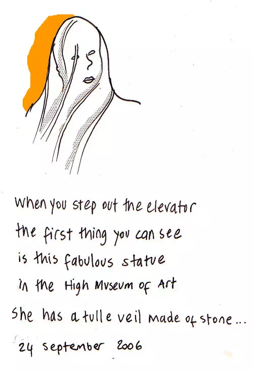 When you step out the elevator the first thing you can see is this fabulous statue in the High Museum of Art She has a tulle veil made of stone...