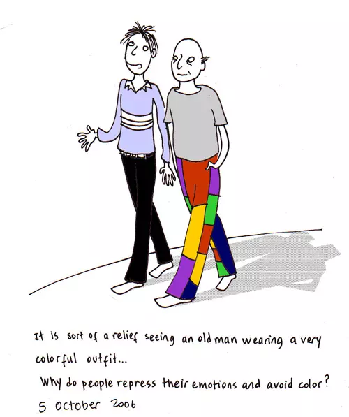 It is sort of a relief seeing an old man wearing a very colorful outfit... Why do people repress their emotions and avoid colors?