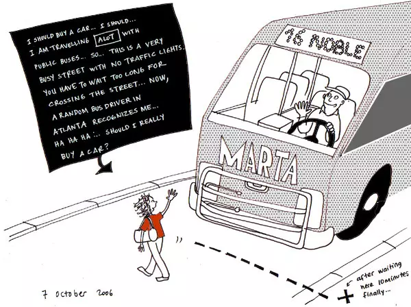 I should buy a car... I should... I am travelling a lot with public busses... so... This is a very busy street with no traffic lights. You have to wait too long for crossing the street... Now, a random bus driver in Atlanta recognizes me... Ha ha ha... Should I really buy a car?
