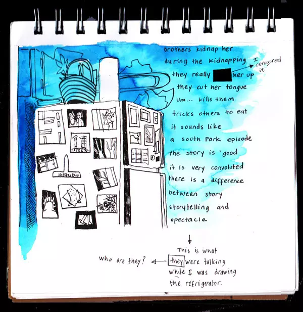 brothers kidnap her during the kidnapping they really [I censored it] her up they cut her tongue um... kills them tricks others to eat it sounds like a South Park episode The story is good it is very convoluted there is a difference between story storytelling and spectacle. This is what thy were talking while I was drawing the refrigerator. 