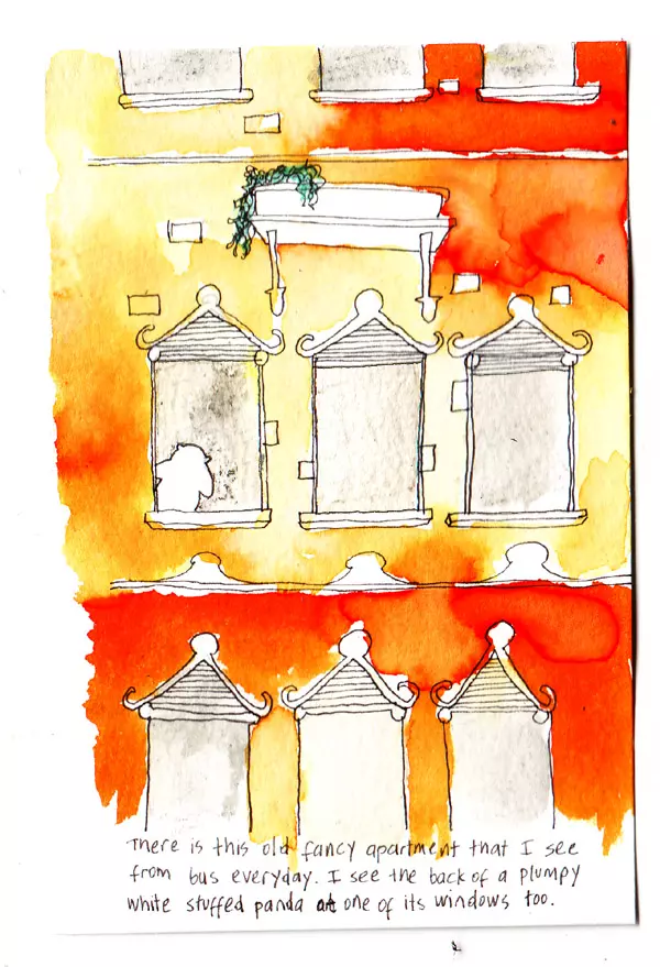 There is this old fancy apartment that I see from bus everyday. I see the back of a plumpy white stuffed panda at one of its windows too.