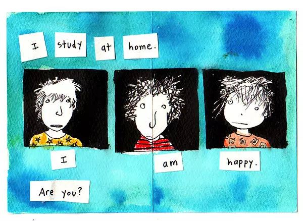 I study at home. I am happy. Are you?