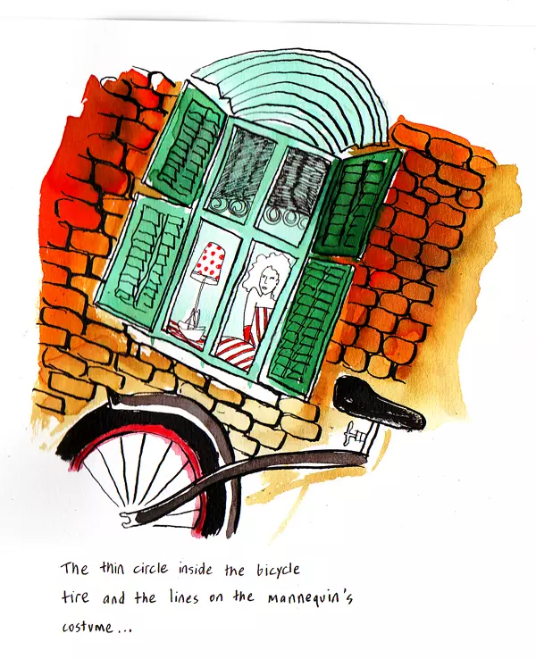 The thin circle inside the bicycle tire and the lines on the mannequin's costume...