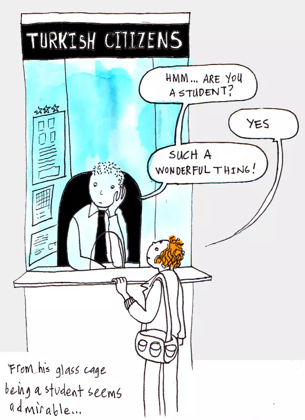 "Hmm... are you a student?" "Yes" "Such a wonderful thing!" From his glass cage being a student seems admirable...