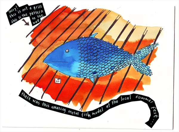 there was this amazing metal fish model at the local summer fest... sorry! this is not a grill this is the pattern on the wall 