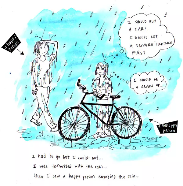 "I should buy a car!.. I should get a drivers license first" "I should be a grown up..." I had to go buy I could not... I was terrorized with the rain... then I saw a happy person enjoying the rain...