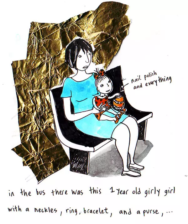 in the bus there was this 1 year old girly girl with a neckless, ring, bracelet, and a purse, ...
