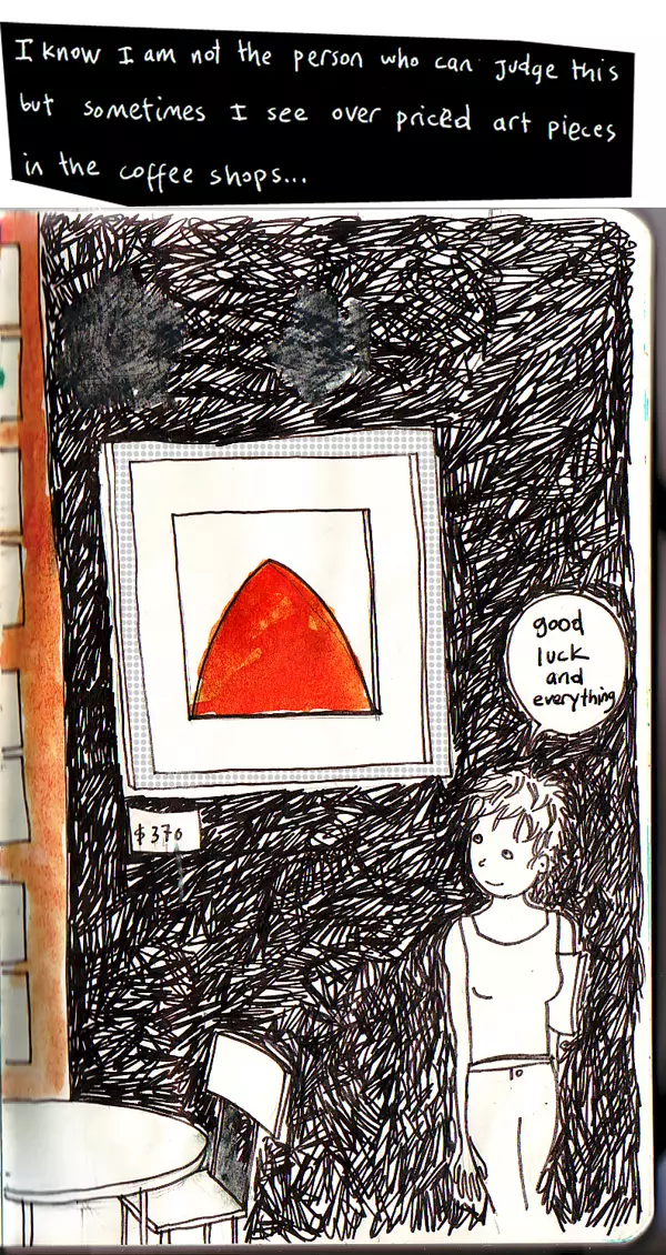 I know I am not the person who can judge this but sometimes I see over priced art pieces in the coffee shops... "good luck and everything"