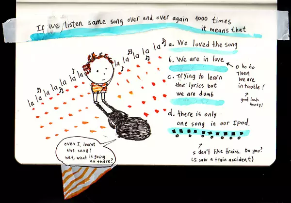 If we listen same song over and over again 1000 times it means that a. We loved the song b. We are in love (O ho ho then we are in trouble!) (good luck honey!) c. Trying to learn the lyrics but we are dumb d. there is only one song in our iPod (I don't like trains. Do you?  I saw a train by accident) "even I learnt the song! hey, what is going on there?"