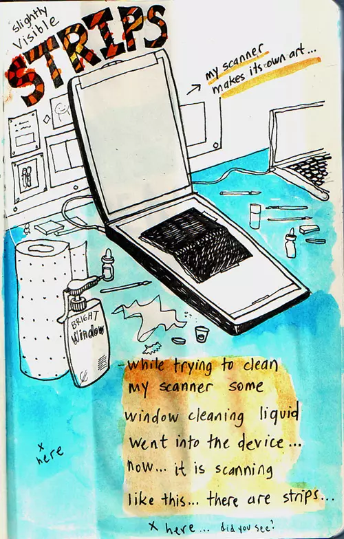 (my scanner makes its own art...) while trying to clean my scanner some window cleaning liquid went into the device... now... it is scanning like this... there are strips... (x here... did you see?)