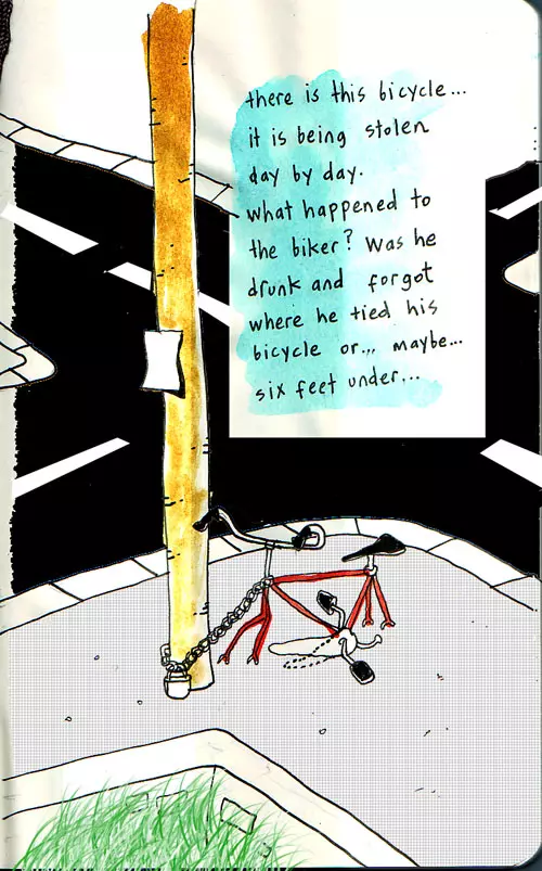 there is this bicycle... it is being stolen day by day. what happened to the biker? was he drunk and forgot where he tied his bicycle or... maybe... six feet under...