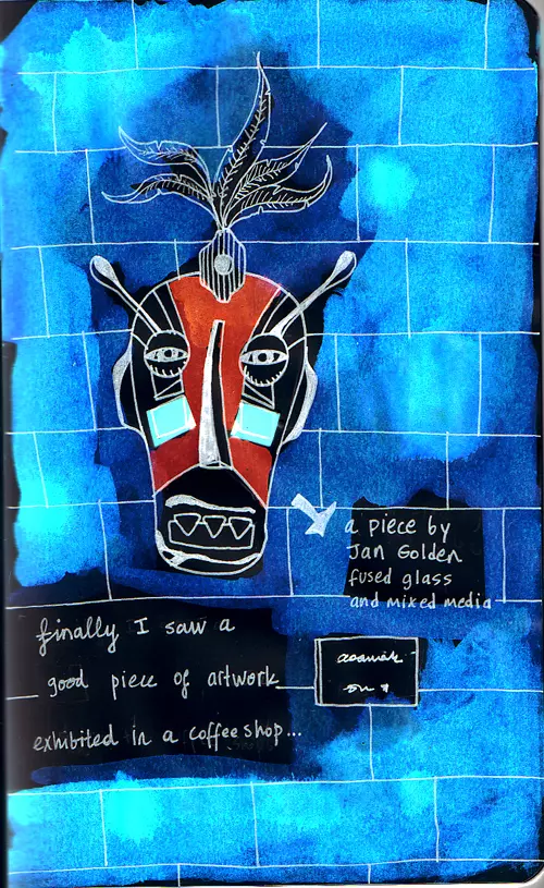 (a piece by Jan Golden fused glass and mixed media) finally I saw a good piece of artwork exhibited in a coffee shop...