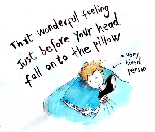 That wonderful feeling just before your head fall onto the pillow (a very tired person)