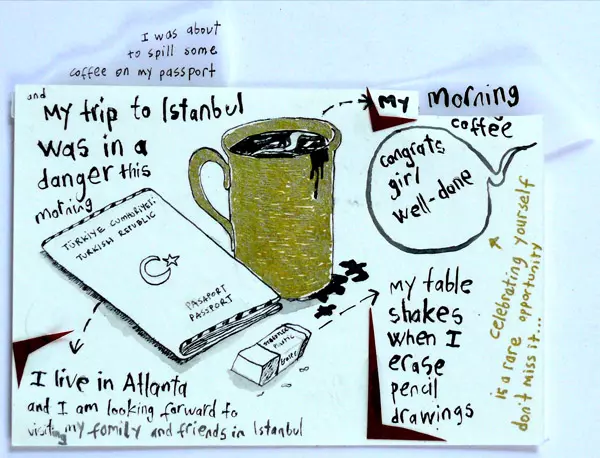 I was about to spill some coffee on my passport and My trip in a danger this morning I live in Atlanta and I am looking forward to visit my family and friends in Istanbul "congrats girl well-done" -celebrating yourself is a rare opportunity don't miss it...  My table shakes when I erase pencil drawings