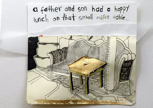 a father and son had a happy lunch on that small coffee table...