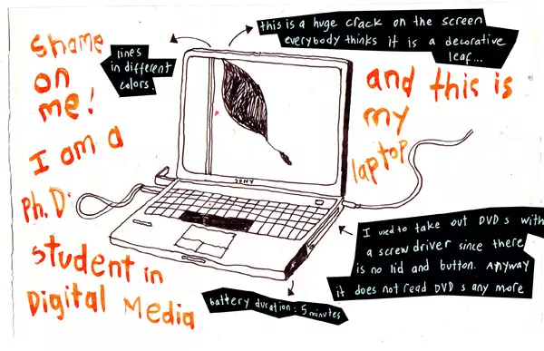 Shame on me! I am a Ph.D. student in Digital Media and this is my laptop lines in different colors. this is a huge crack on the screen everybody thinks it is a decorative leaf... I used to take out DVDs with a screwdriver since there is no lid and button. Anyway it does not read DVDs any more battery duration: 5 minutes