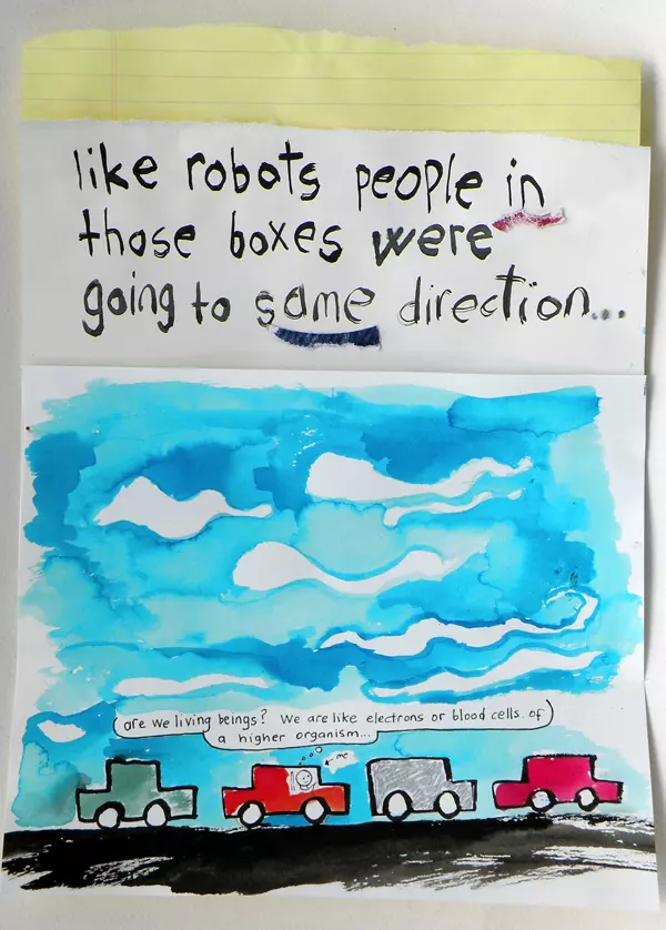 like robots people in those boxes were going to same direction... "are we living beings? we are like electrons or blood cells of a higher organism..."