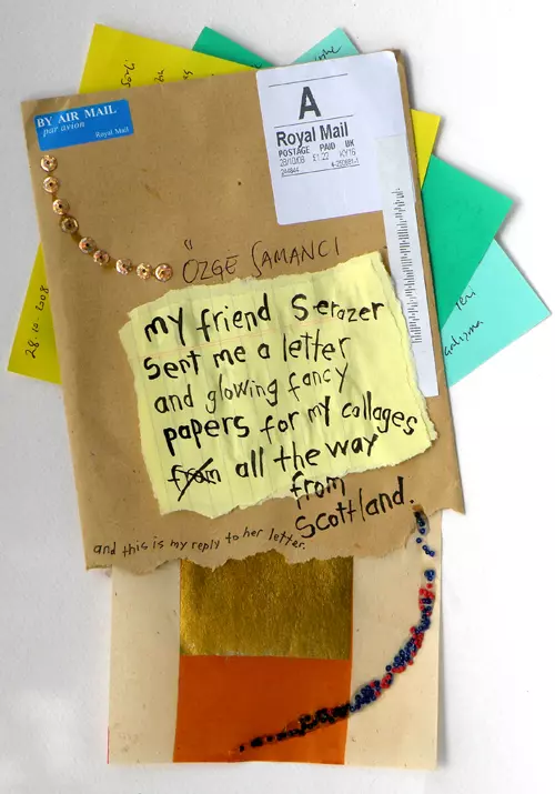 my friend sent me a letter and glowing fancy papers for my collages all the way from Scotland. and this is my reply to her letter.