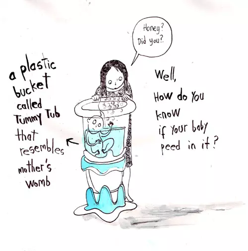 a plastic bucket called Tummy Tub that resembles mother's womb "Honey? Did you?..." Well, How do you know if your baby peed in it?