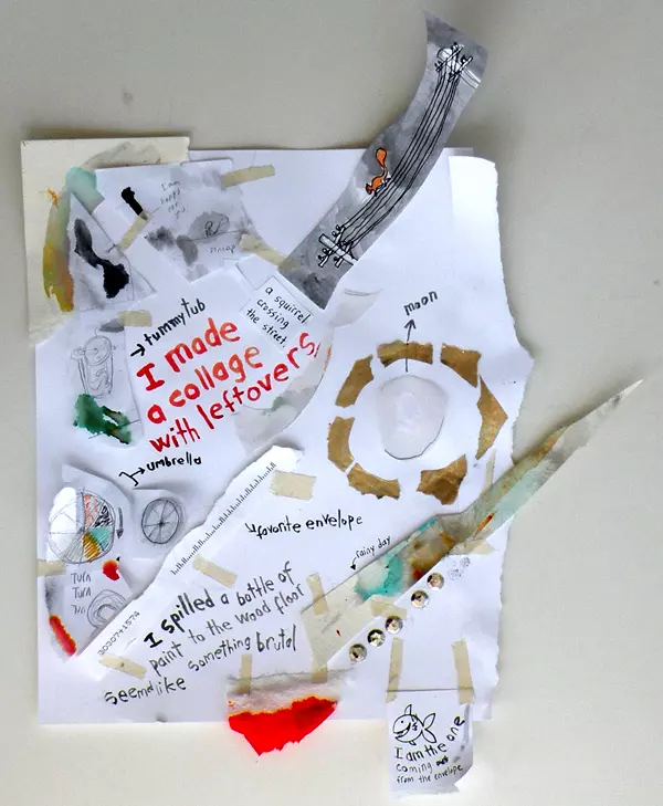 I made a collage with leftovers I spilled a bottle of paint to the wood floor seemed like something brutal