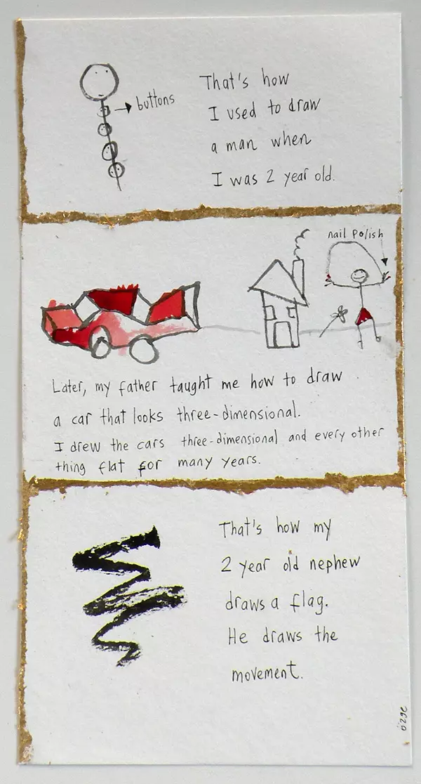 That's how I used to draw a man when I was 2 years old. Later, my father taught me how to draw a car that looks three-dimensional. I drew cars three-dimensional and every other thing flat for many years. That's how my 2 year old nephew draws a flag. He draws the movement.